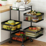 Metal Kitchen Trolley Square Basket for Kitchen Organizer Items&Storage with Wheels(Black,Layer-2)